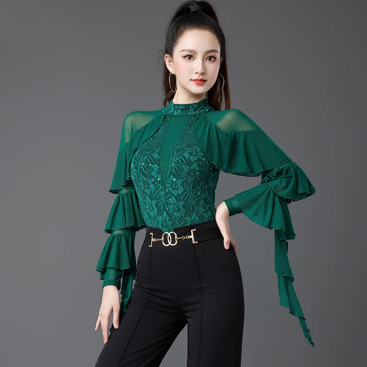 

Сетчатый топ с длинными рукавами и рюшами, топ для латинских танцев, женские национальные стандартные танцевальные костюмы для чачи, румбы, танго, современные танцевальные костюмы DQL12400