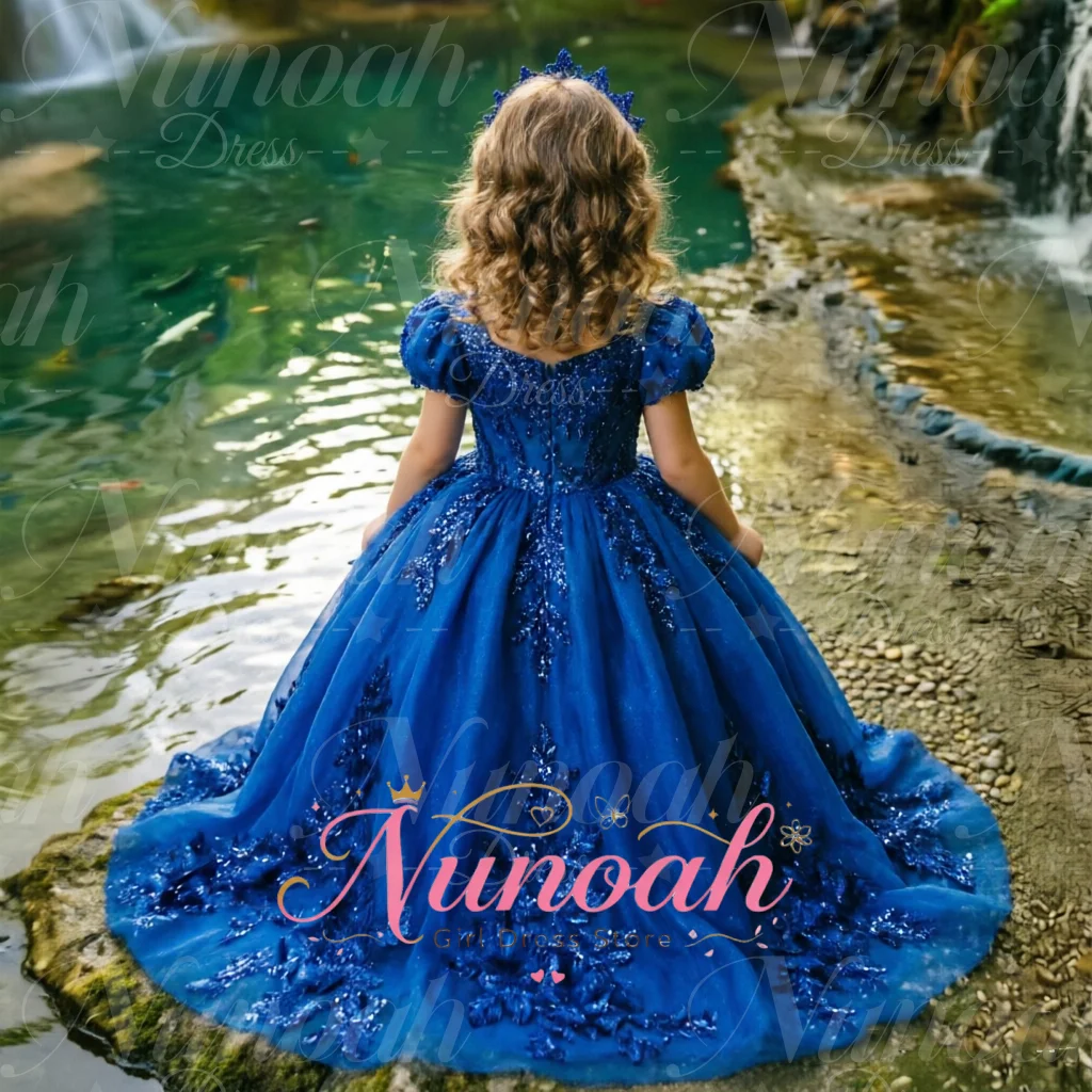 Royal Blue Princess Flower Girl Dress for Wedding Lace Appliques Puffy Sleeves Sequins Formal Prom Girls Birthday Pageant Dress