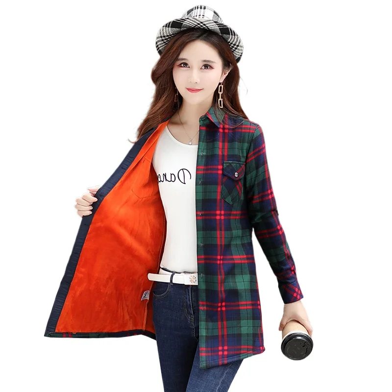 Fashion Women Oversized Warm Fleece Long Plaid Blouses Loose Long Sleeve Turn-down Collar Two Pockets Velvet Shirt M-3XL Tops