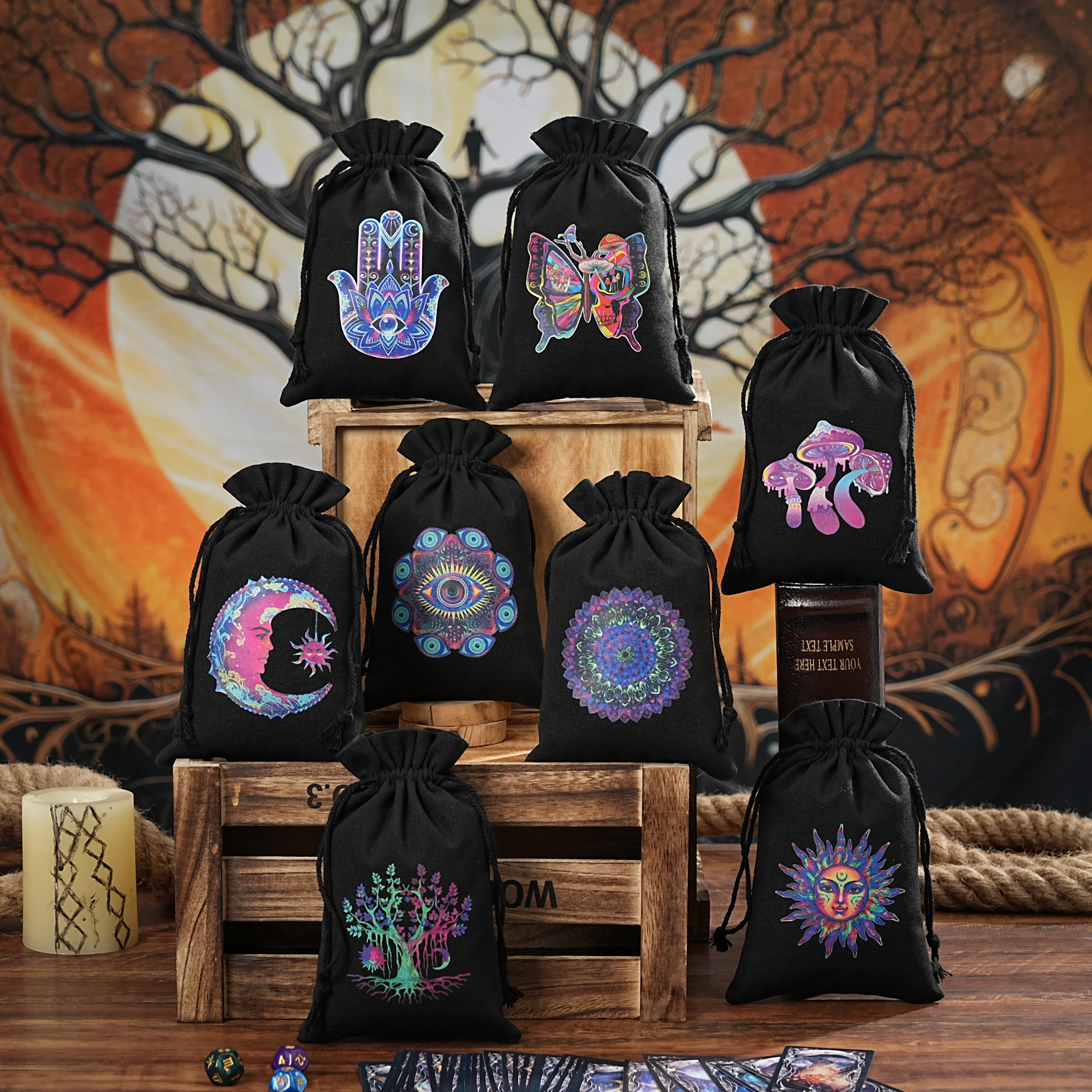 1Pcs 14x22cm Tarot Card Storage Bag Tree of Life Moon Phase Runes Pattern Witch Divination Tarot Pouch for Dice Cosmetic Jewelry