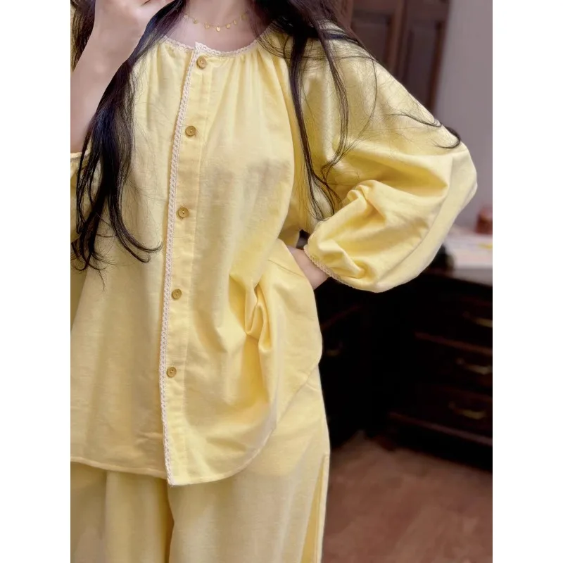 Korean Version of Girl Ins Sweet Wind Pajamas Women's Spring Autumn New Casual Loose Lace Solid Color Loungewear Set Sleepwear