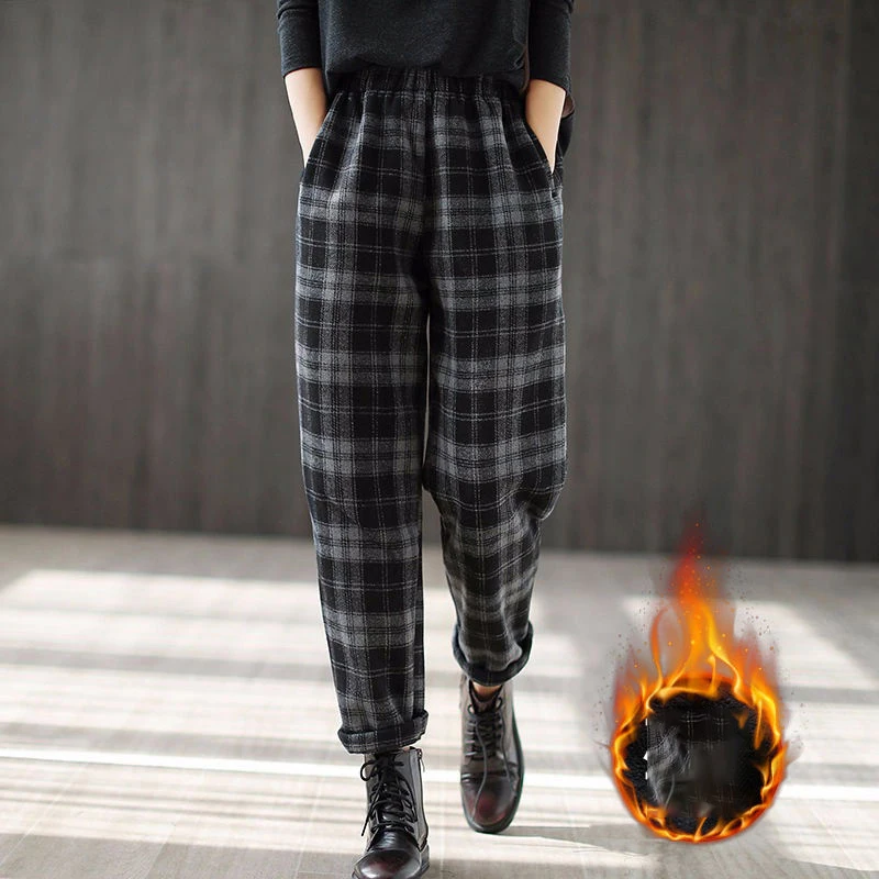 

Plush Thicken Woolen Plaid Harem Pants Casual Loose Fashion High Waist Slim Simply Trousers 2023 Autumn Winter Women Warm Pants