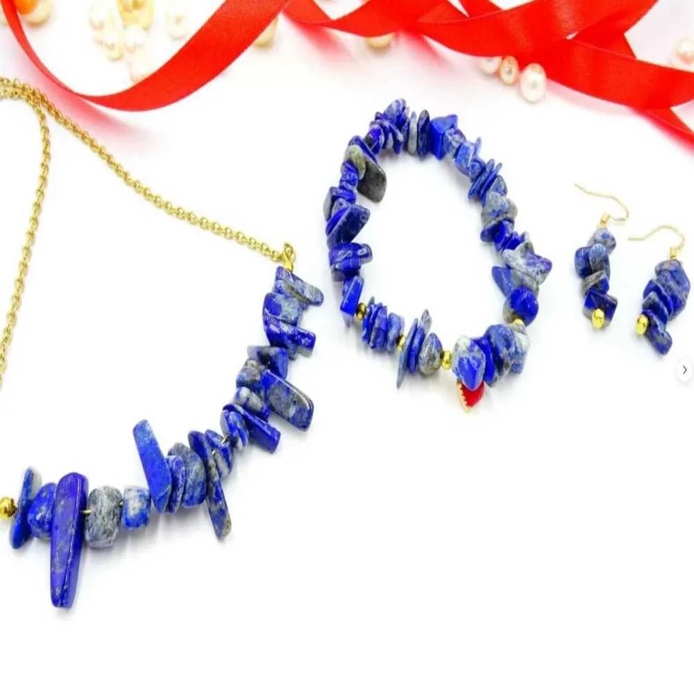 

Natural lapis lazuli gravel bracelet Earrings necklace Set Cross Charms Craft Stainless Jewellery Reiki Gemstone Gold Chain