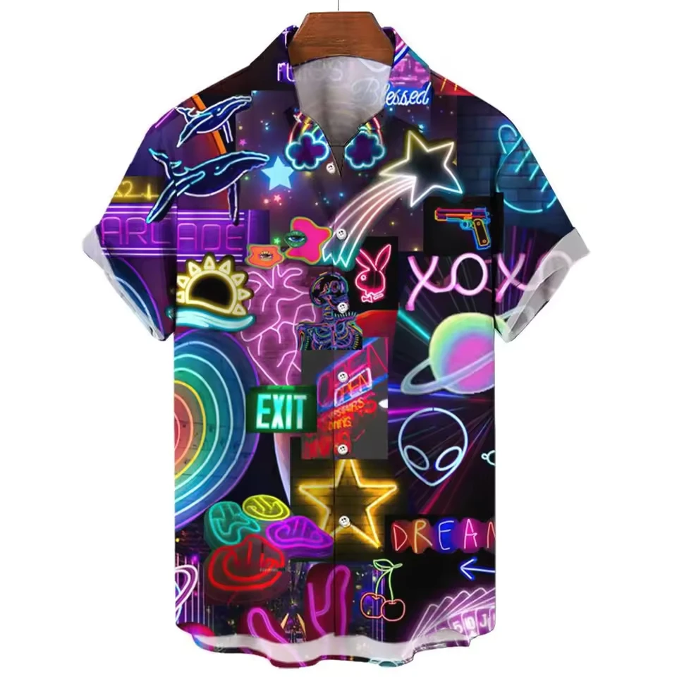 

Men's Hawaiian Fun Letter Trend 3D Digital Print Lapel Short Sleeve Shirt Fashion Beach