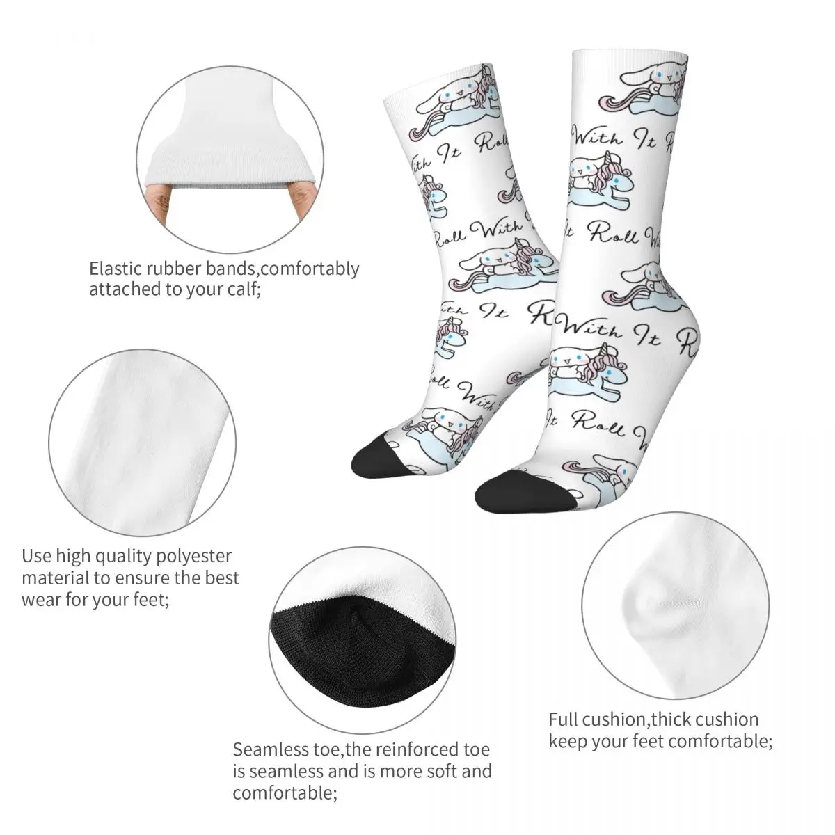 Funny Cinnamoroll Roll With It Sports Socks Cute Polyester Middle Tube Socks for Unisex Breathable