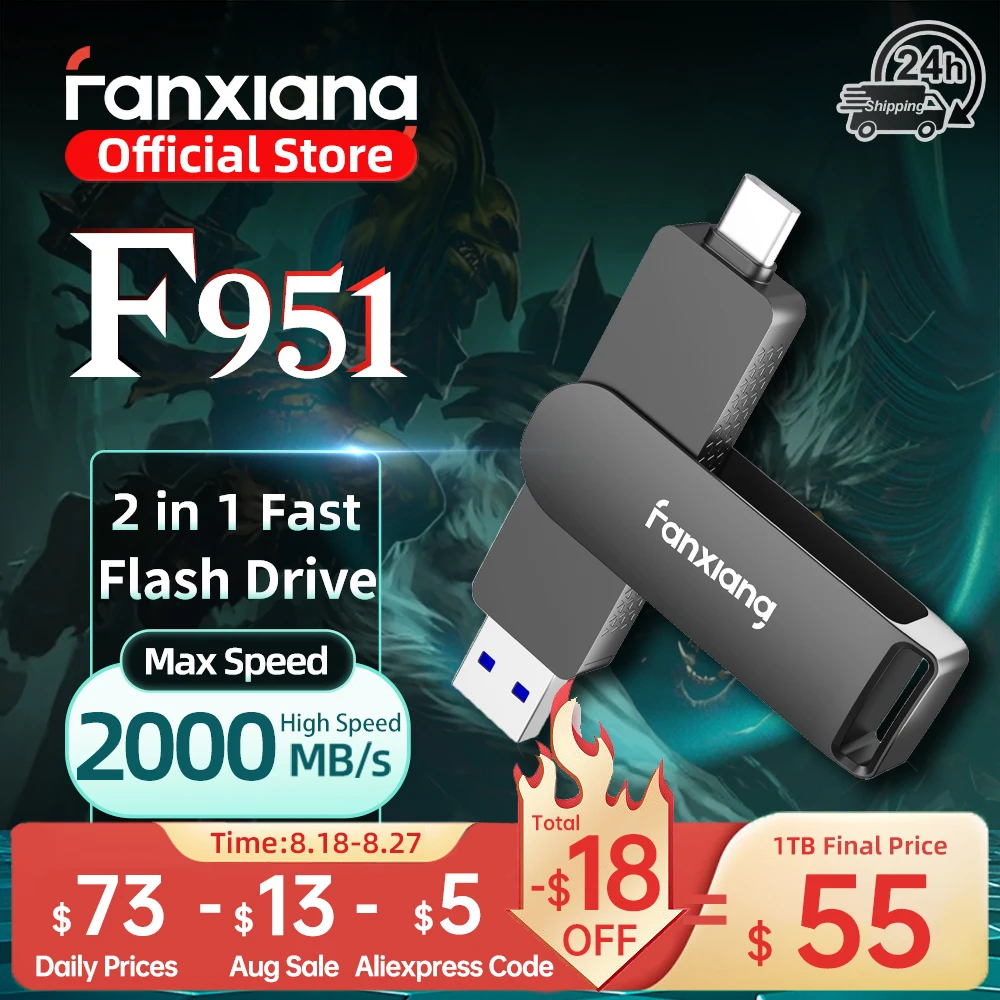 Fanxiang F951 2000 MB/s unidad de bolígrafo de estado sólido USB3.2 Gen2x2 512GB 1TB 2 en 1 tipo C + USB-A unidad Flash de alta velocidad para teléfono portátil