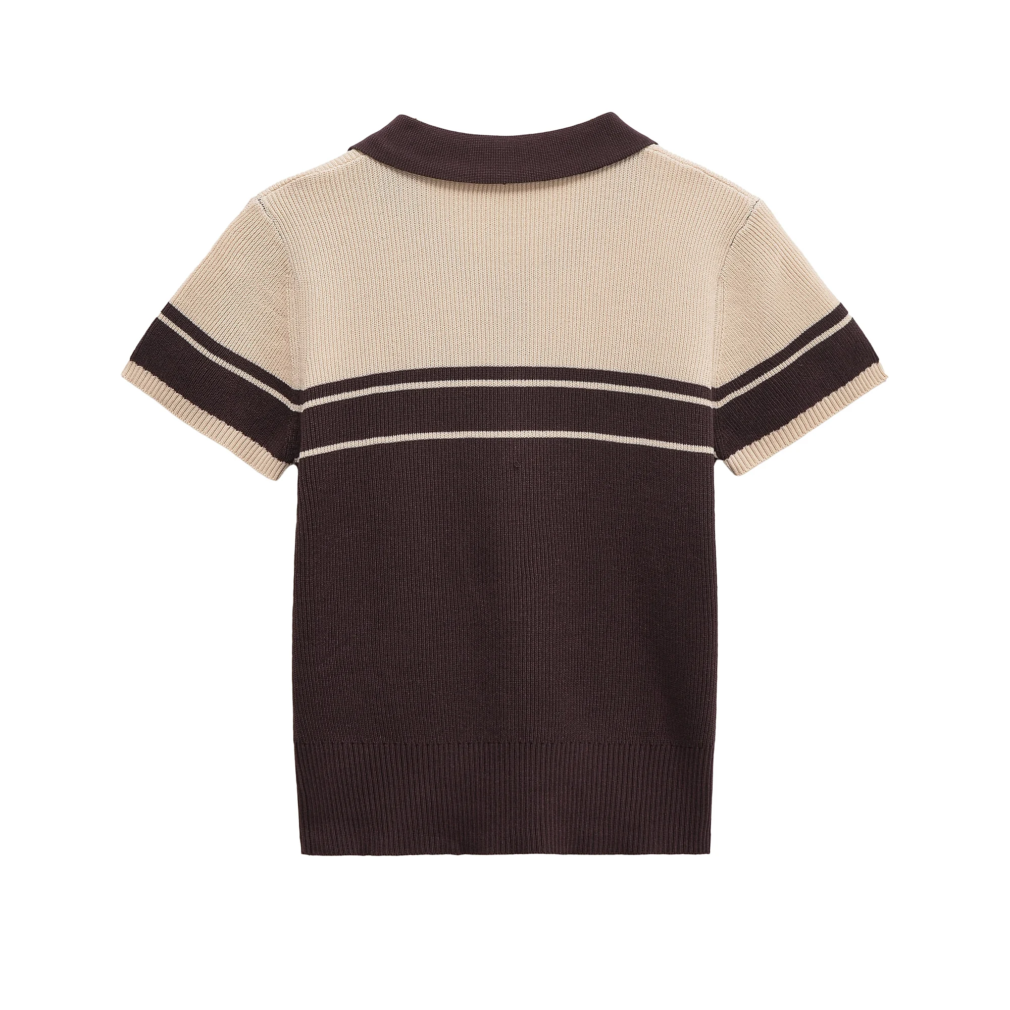 2025 Women Brown Beige Buttons Polo Collar Rib Knitted Short Sleeve Sweater Pullovers Knitwear All Match Knitting Tops Jumper