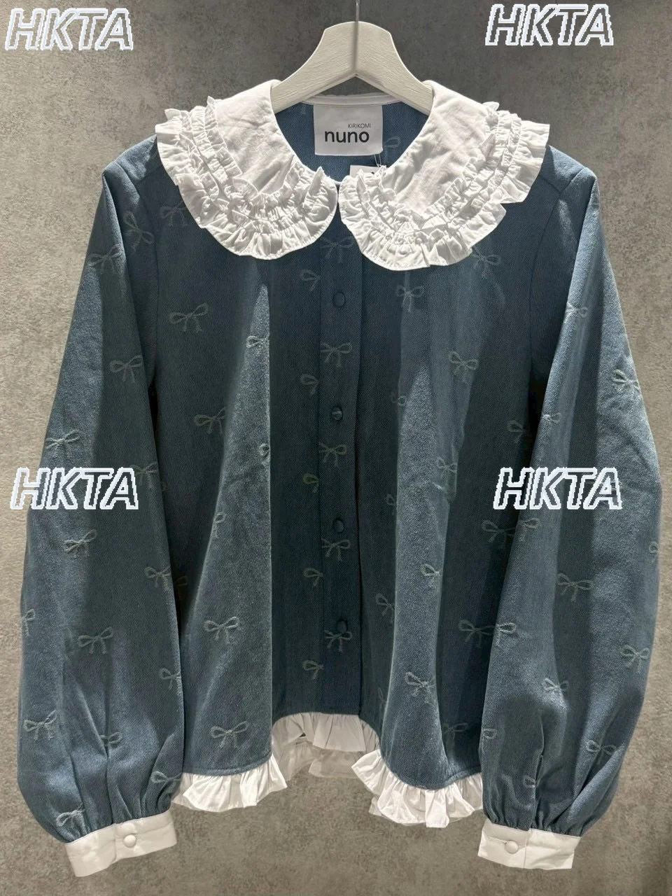 Japanese New Doll Collar Lantern Sleeved Lace Splicing Loose Casual Denim Shirt Top Bow Jacquard Skirt Summer Suits Women NONE