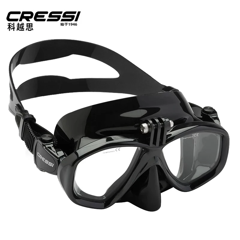 Cressi ACTION Scuba Diving Mask With Go Pro Camera Mount Tempered Glass 2 Window Low Volume Snorkeling Swimming Mask  for Adults