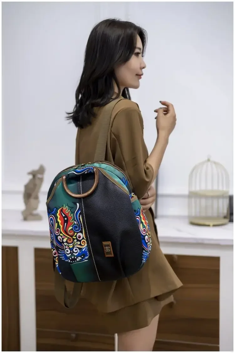 Leisure and versatile fashionable and large capacity ethnic style printed backpack crossbody storage bag