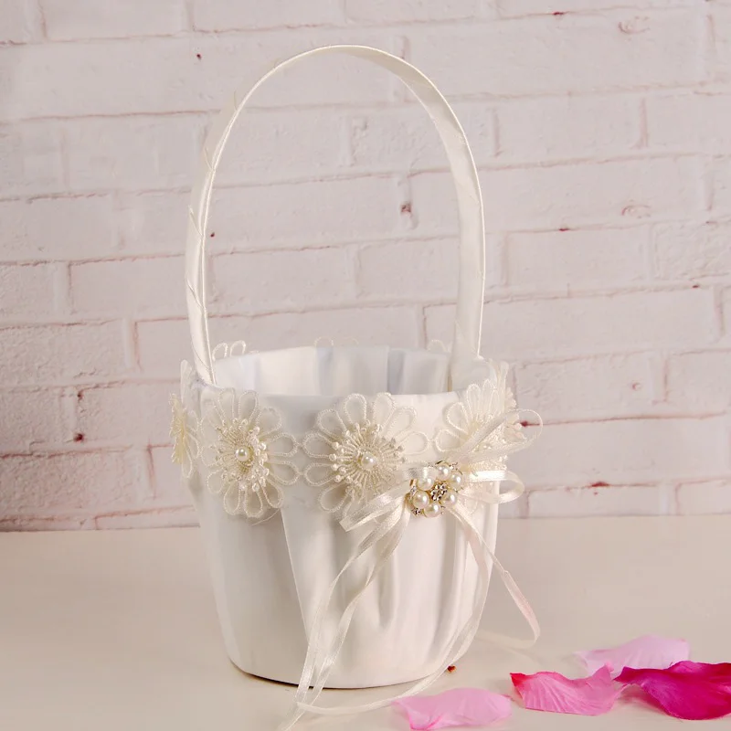 Flower Basket for Wedding Handmade Lace Flowers with Handle White Basket Cloth Fabric with Pearl Decorations