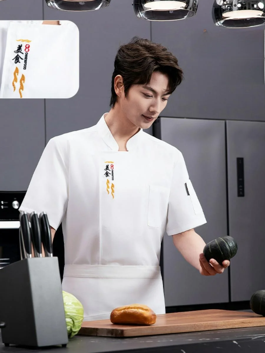 

New Chef's Work orm Men's Large Size ort Sve Thin Front Kitchen Workwear Spring Summer Stand Collar Dining Hotel Che...