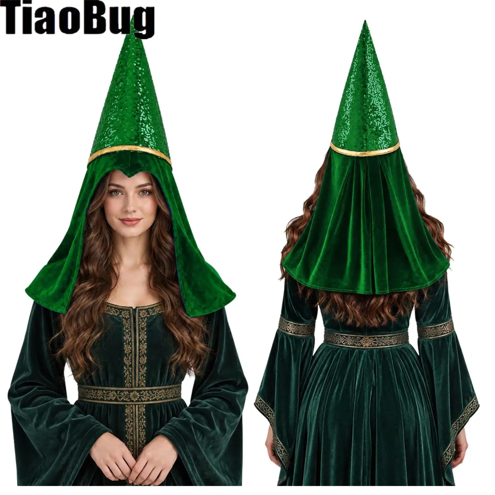 Sequin Pointed-top Elf Cap Headgear Velvet Witch Wizard Hat for Christmas Halloween Cosplay Theme Party Role-playing