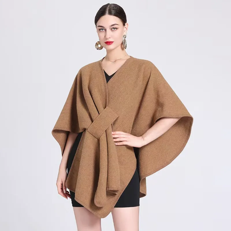 Fashion Side Strap Soft Wool Blends Poncho Cape Coat Autumn Winter Women Cardigan Shawl Cloak