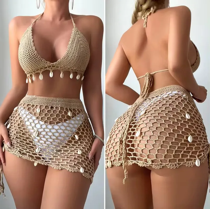 2pcs Bikini Set Woman Crochet Shell Tassel Bikini Top And Seashell Ankle Chain Sexy Beach Skirt Lace See Through Slim Mini Skirt