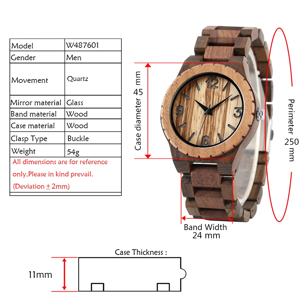 Coffee Brown Walnut Wood Men\'s Watch Quartz Wristwatches Arabic Numerals Dial Vintage Stylish Male Wooden Bangle Timepiece Gift
