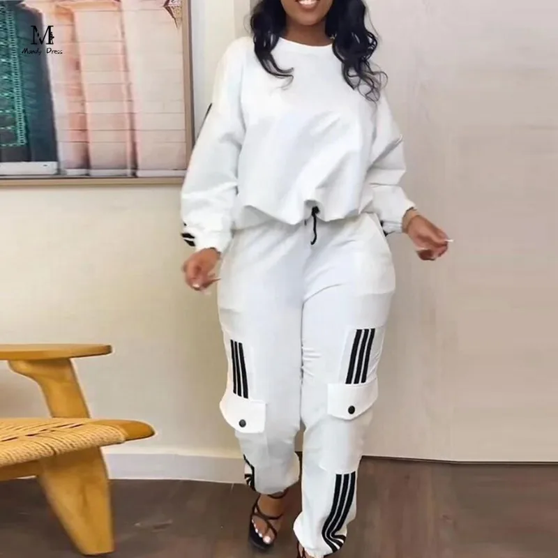 Fashion Women Two Piece Tracksuit Stripe Comfy Sport Jogger Clothes Autumn Winter Loungewear Plus Size 2 Piece Pants Set