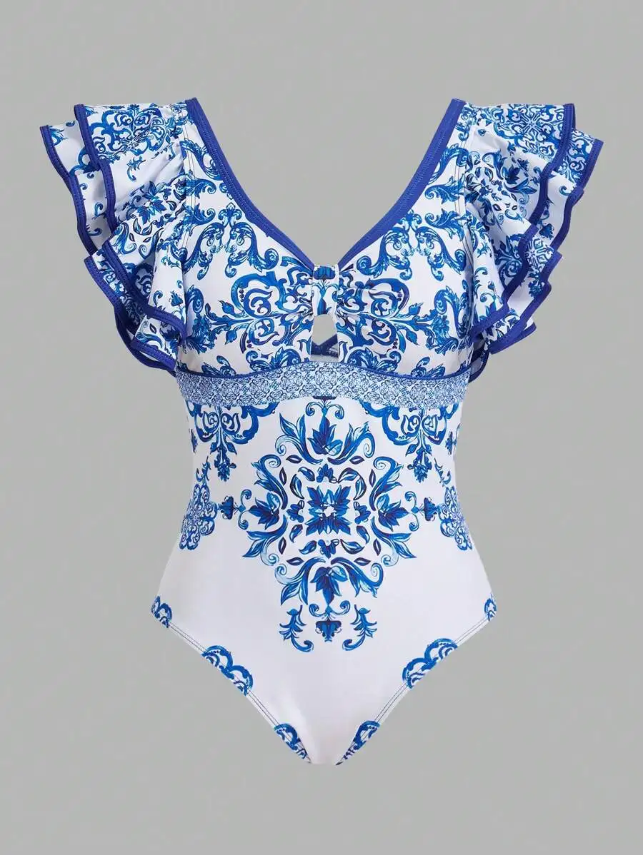 

Women One Piece Swimsuit With Ruffle Sleeves Blue White Porcelain Pattern