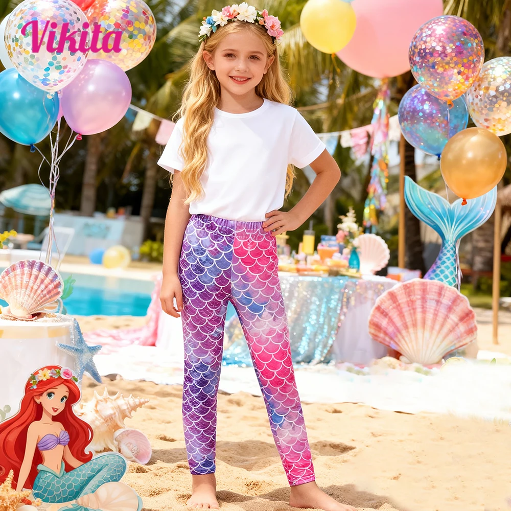 VIKITA Girls Mermaid Fish Scale Print Purple Pink Leggings Kids Polyester Beach Vacation Holiday Casual Daily Fashion Pants