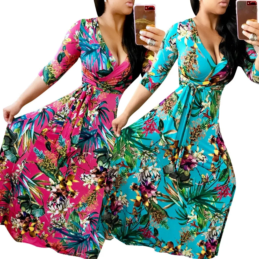 Women Sexy Bodycon Dress Beach Bohemian Maxi Splicing Floral Print Sexy Club Party Long Sleeve Long Dresses 2024