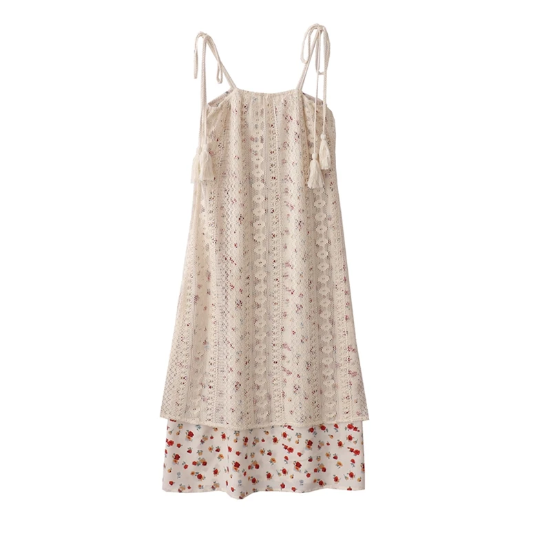 Women\'s New Retro Holiday Style Fringed Lace Floral Fake Two-piece Sling Dress Female Summer Lace-up Slimming Suspender Dresses