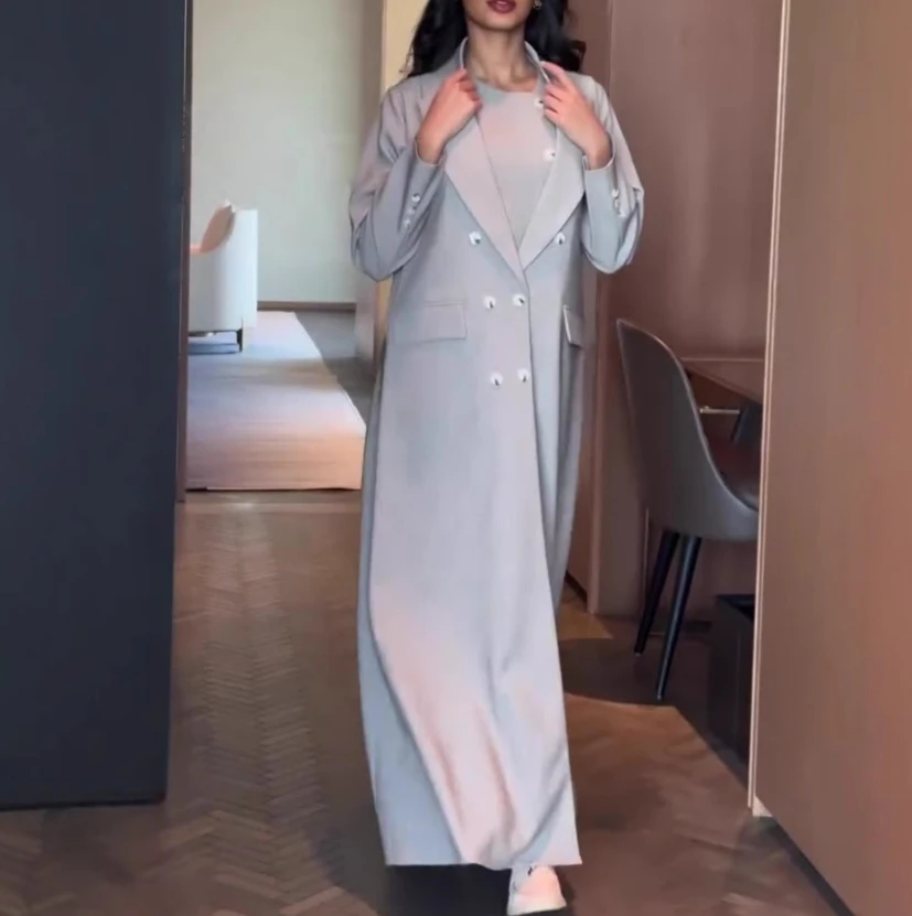 

Women's Suit Set Elegant Trendy British Lapel Button Sleeveless Vest Top and High Waist Pant Set with Long Trench Blazer Coat