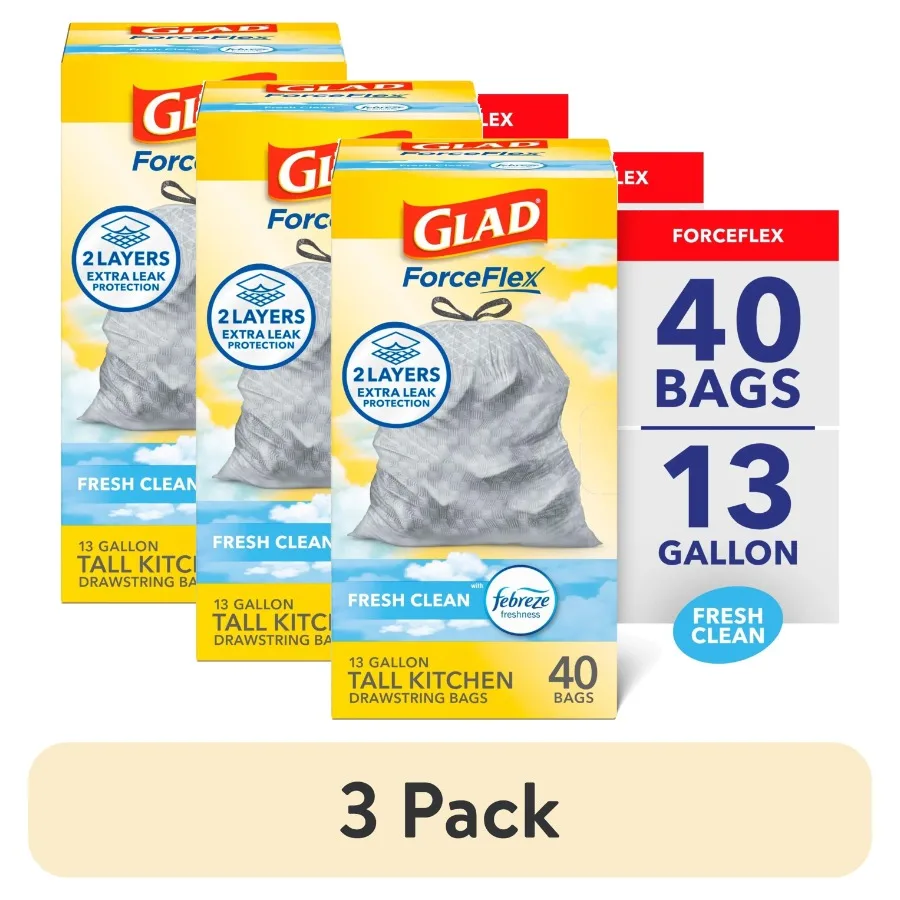 

3 pack ForceFlex Tall Kitchen Drawstring Trash Bags 13 Gallon Gain Fresh Clean with Febreze Freshness 40 Count Ideal for kitche