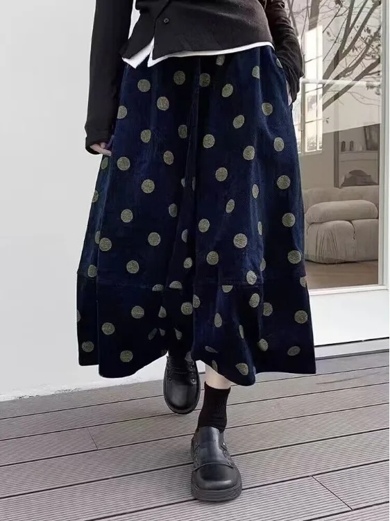 Retro polka dot veludo cintura alta a linha saia feminina outono inverno tamanho pequeno guarda-chuva saia flor bud saia longa