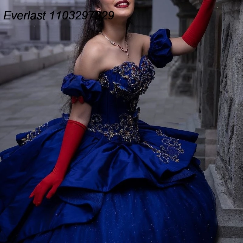 EVLAST-Vestido Quinceanera Azul Royal, Vestido de Baile, Lace Applique, Beading Espartilho Ruffles, Doce 16, 15 Anos, TQD601