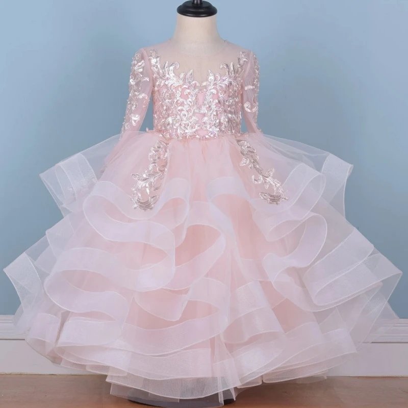 

Pink Flower Girl Dresses Tulle Puffy Tiered Flory Pattern Long Sleeve For Wedding Birthday Party First Communion Gowns