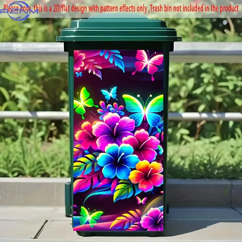 1pc Vibrant Neon Butterflies & Flowers Trash Can Sticker - x  PVC Art Deco, Colorful Wall & Kitchen Decor, Creative 2D Flat De