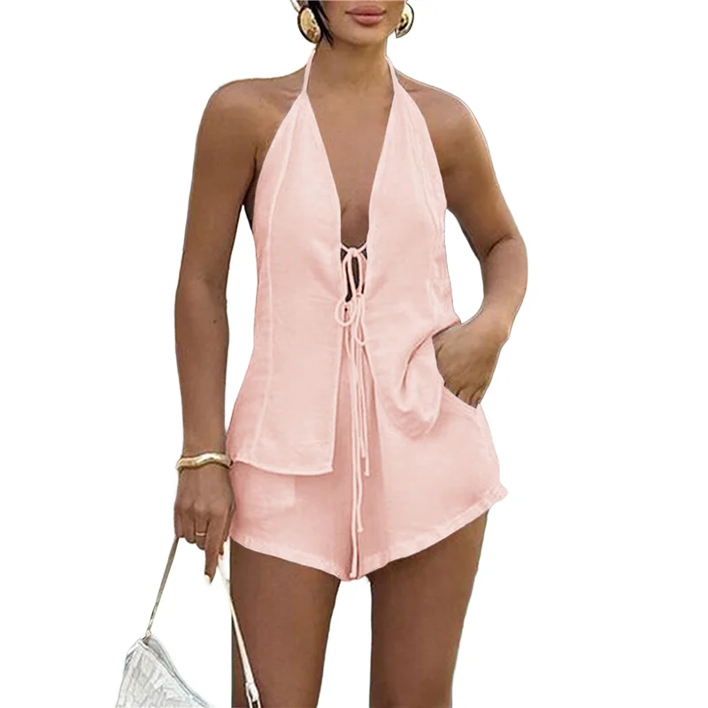 

A83F-женские летние однотонные свободные сексуальные топы с открытой спиной и завязками спереди и шорты с высокой талией, состоящие из 2 предметов