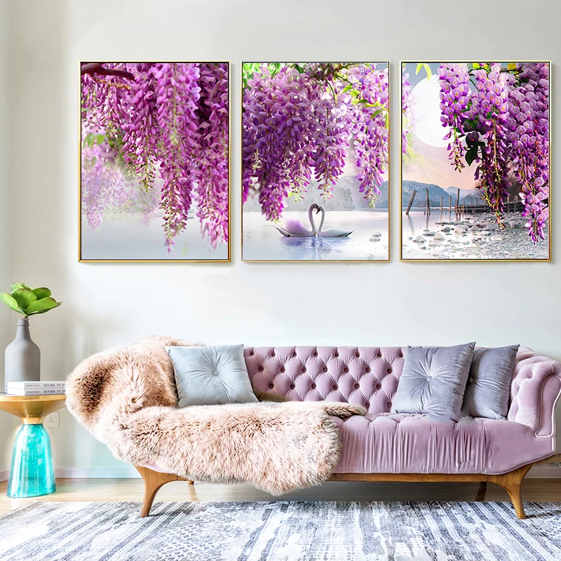 3 Pieces Diamond Mosaic Purple Flower Tree Swan Lake Landscape Picture Full Drill Triptych Diamond Painting  Embroidery Stitch