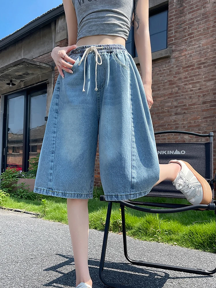 Summer Boyfriend Plus Size Jeans Shorts Woman Casual Loose Wide Leg Bermudas Baggy Denim Shorts Women Lace Up Half Short Pants