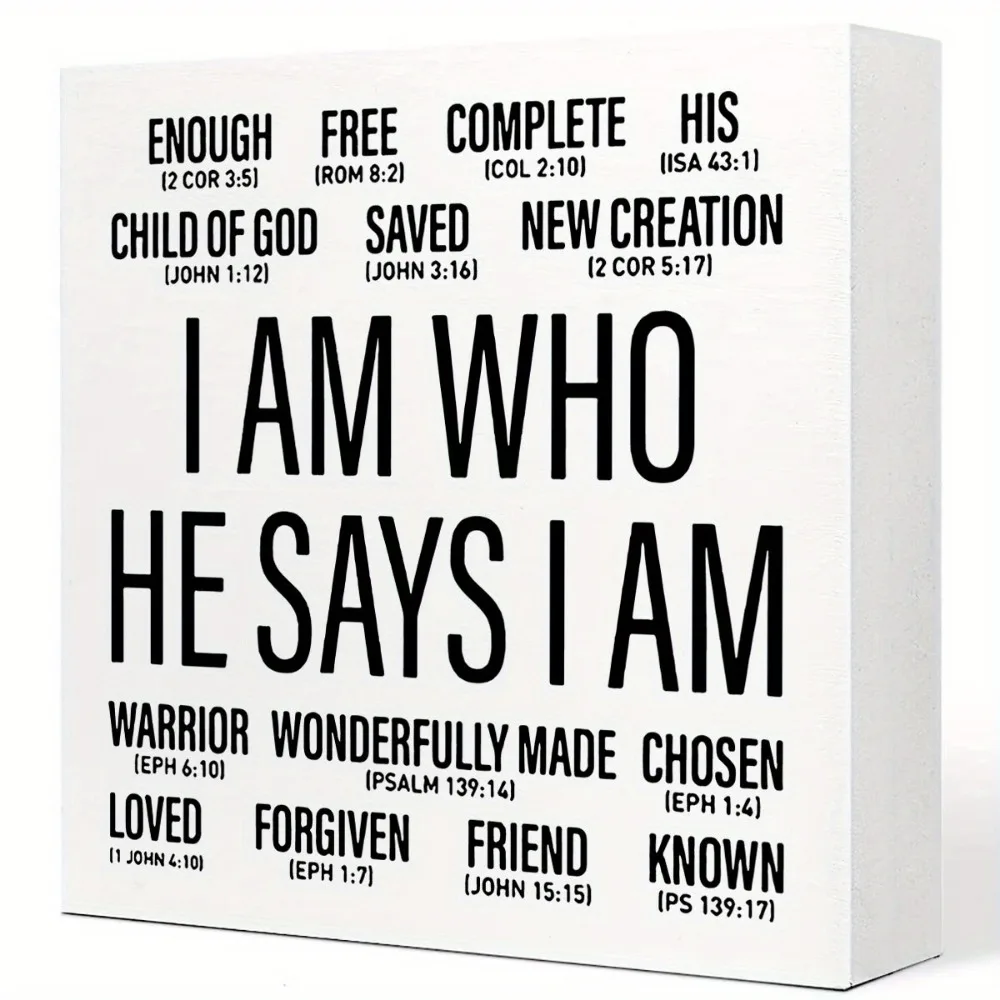 1pc Christian Desk Wood Box Sign Decor, I Am Who He Says I Am, Office Religious Motivational Decor Bible Verse Desk Decor