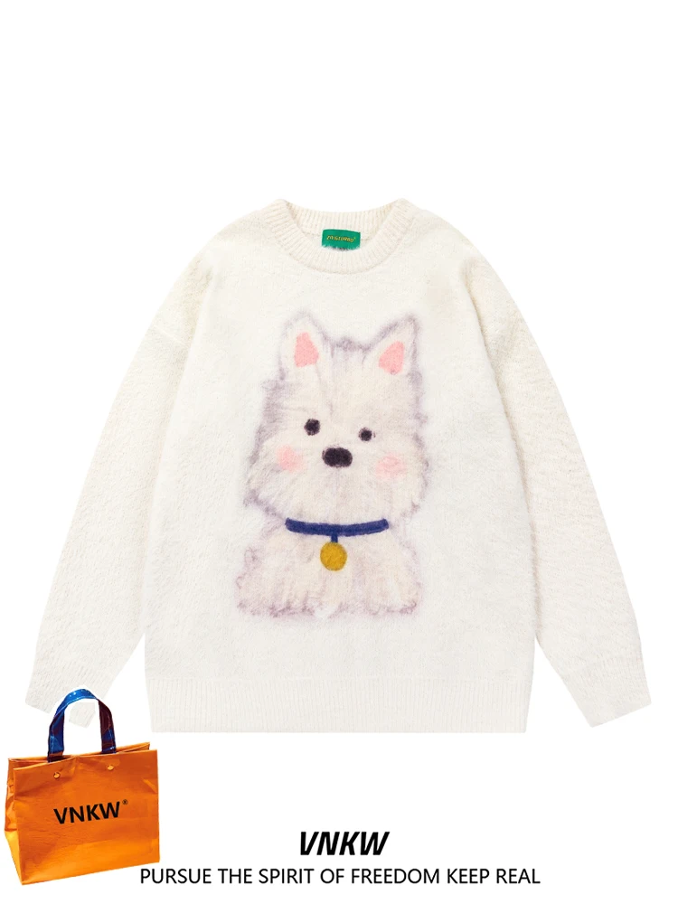 

Cartoon Dog Mens Loose Knitted Sweater Soft Cozy Camere Autumn Winter Faion Brand Lazy Couple Sweater Youth Active Sle