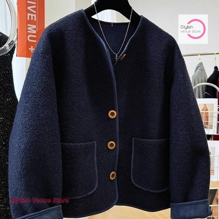 Korean advanced foreign fashion lambswool round neck short coat women's autumn and winter new fashion loose plus velvet coat