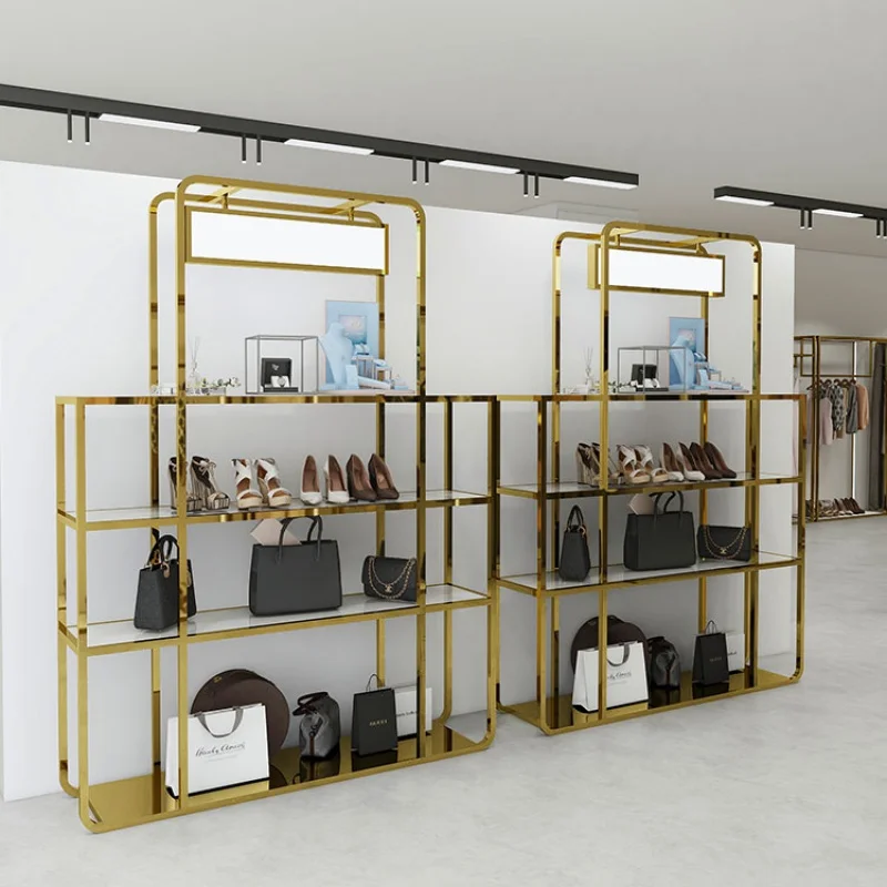 Custom, fashion handbag store showroom furniture metal gold bag display rack stand with LED light