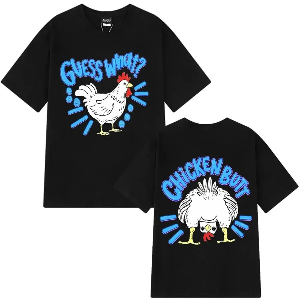 Funny Guess What Chicken Butt Graphic T‑shirt Men Women Front and Back Print Casual Short Sleeve Tees Humor Animal Streetwear