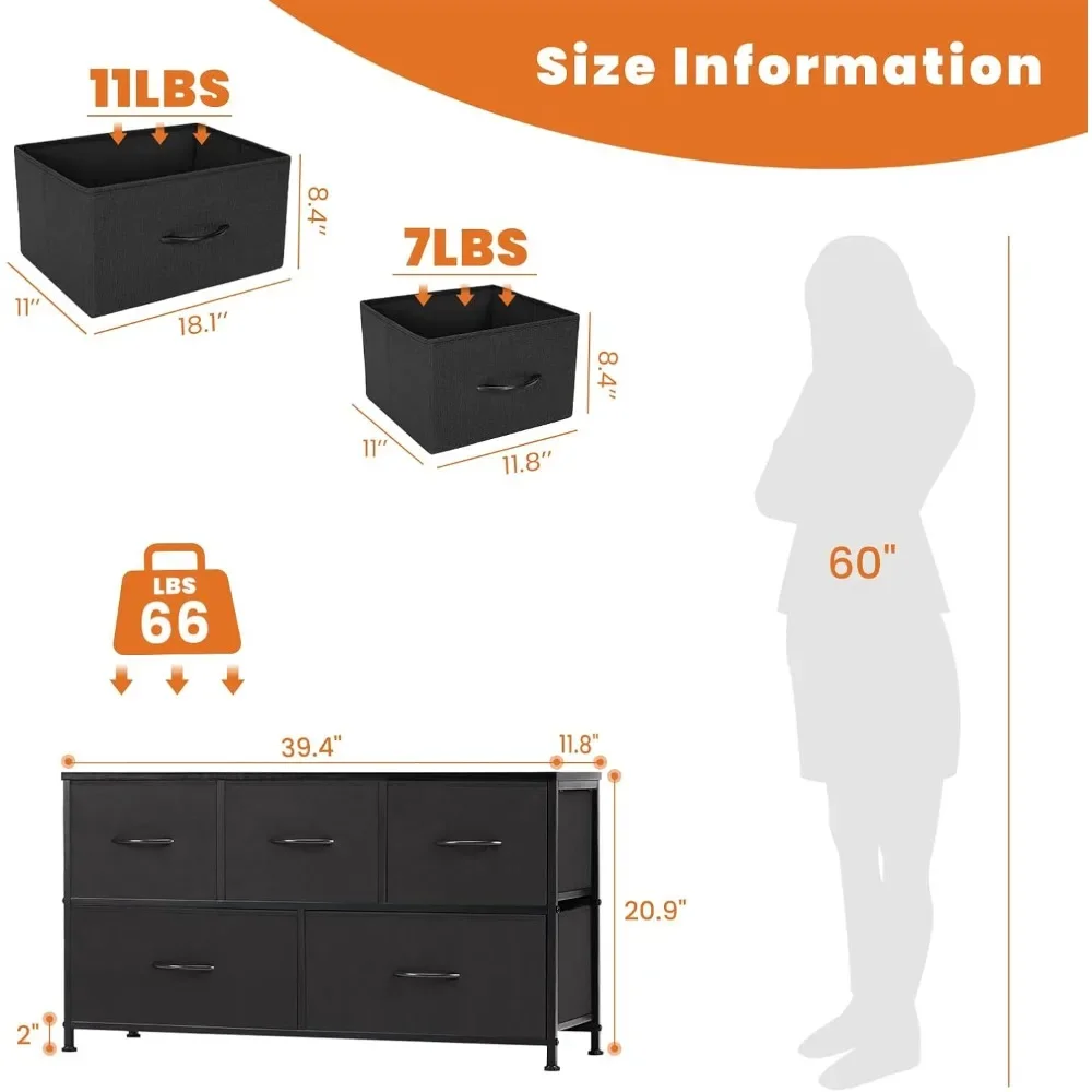 Dresser for Bedroom with 5 Fabric Drawers, Small Chest Storage Tower, Kidsroom Furniture,  Lightweight Quick Assemble Cabinet