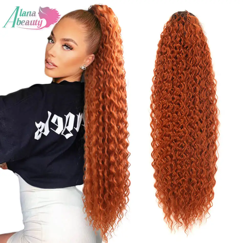 32inch Synthetic Drawstring Ponytail Ruiva Long Kinky Curly Ponytail Organic Chip-In Hair Extension Orange Rubber Band Pony-Tail