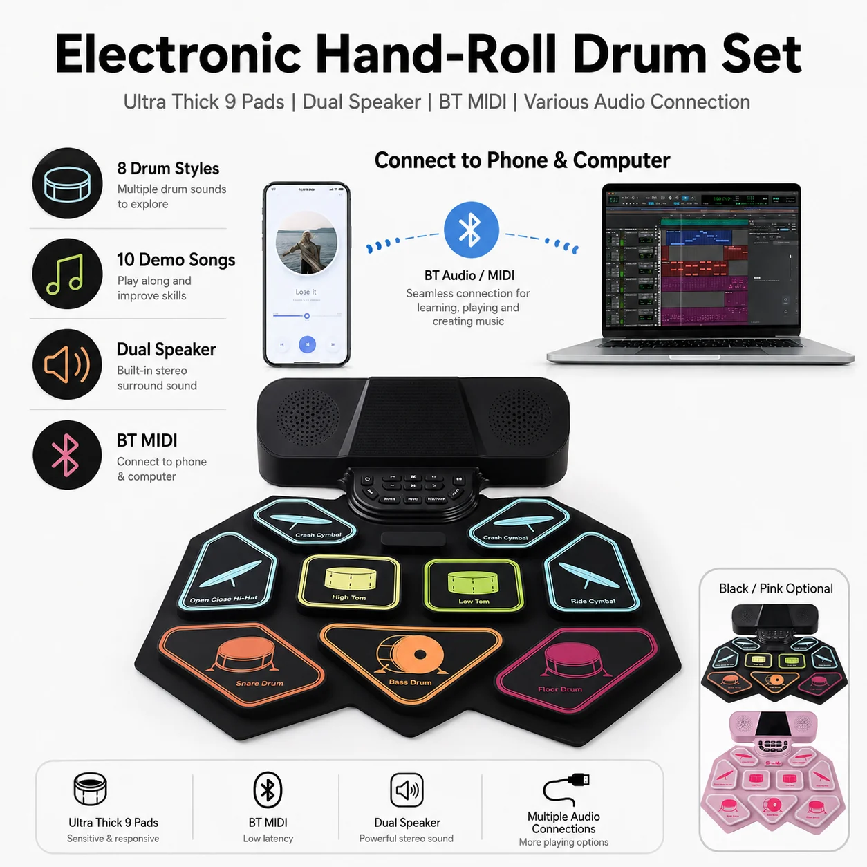 Portable Hand‑Roll Electronic Drum Kit 9 Ultra Thick Pads Dual Speaker BT MIDI Audio Connection Roll‑up Drum Set For Beginners