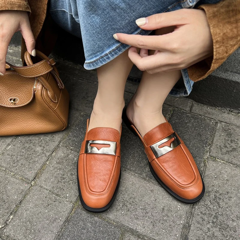 

Real Leather Mules Female Muller Shoes Slip On Cowhide Flat Shoes Woman Round Toe Footwear Basic Style Handmade Ladies Flats