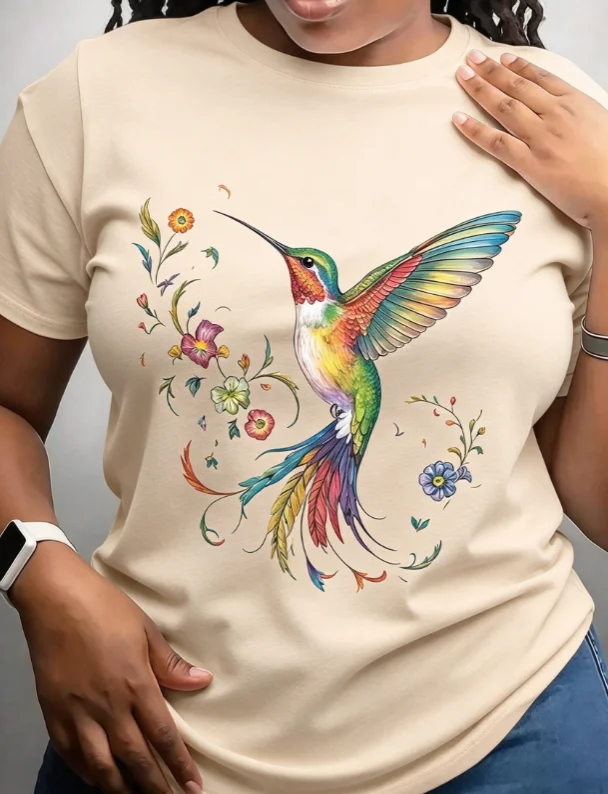 2026 Fashion New Women Crew Neck Short Sleeve T Shirt Hummingbird Floral Print Graphic Tee Unisex Daily Casual Basic Top Tee