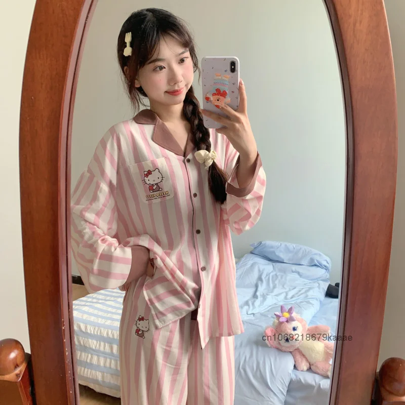 Sanrio Hello Kitty Cute Sweet Y2k Girl Striped Sleepwear Women Spring Autumn New Loose Pajamas Korean Style Trend Home Suit Set