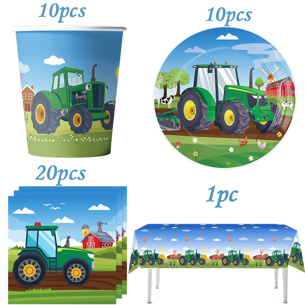 61Pcs Green Farm Tractor Disposable Tableware Set 20Pcs 7inch Paper Plates 20 Cups 20 Napkins 1 Tablecloth Kids view 6