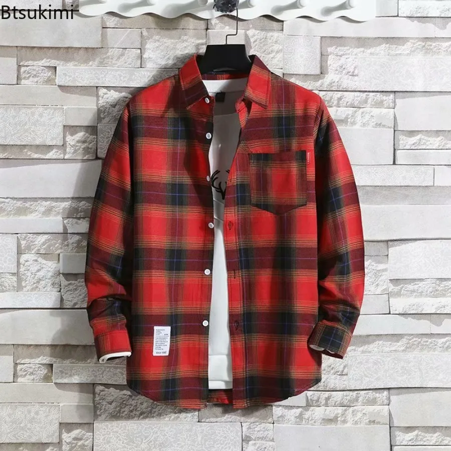 2024 Spring Summer Casual Simple Shirts Men's Korean High Quality Loose Plaid Long Sleeve Blouse Retro Versatile Man Shirt Coats