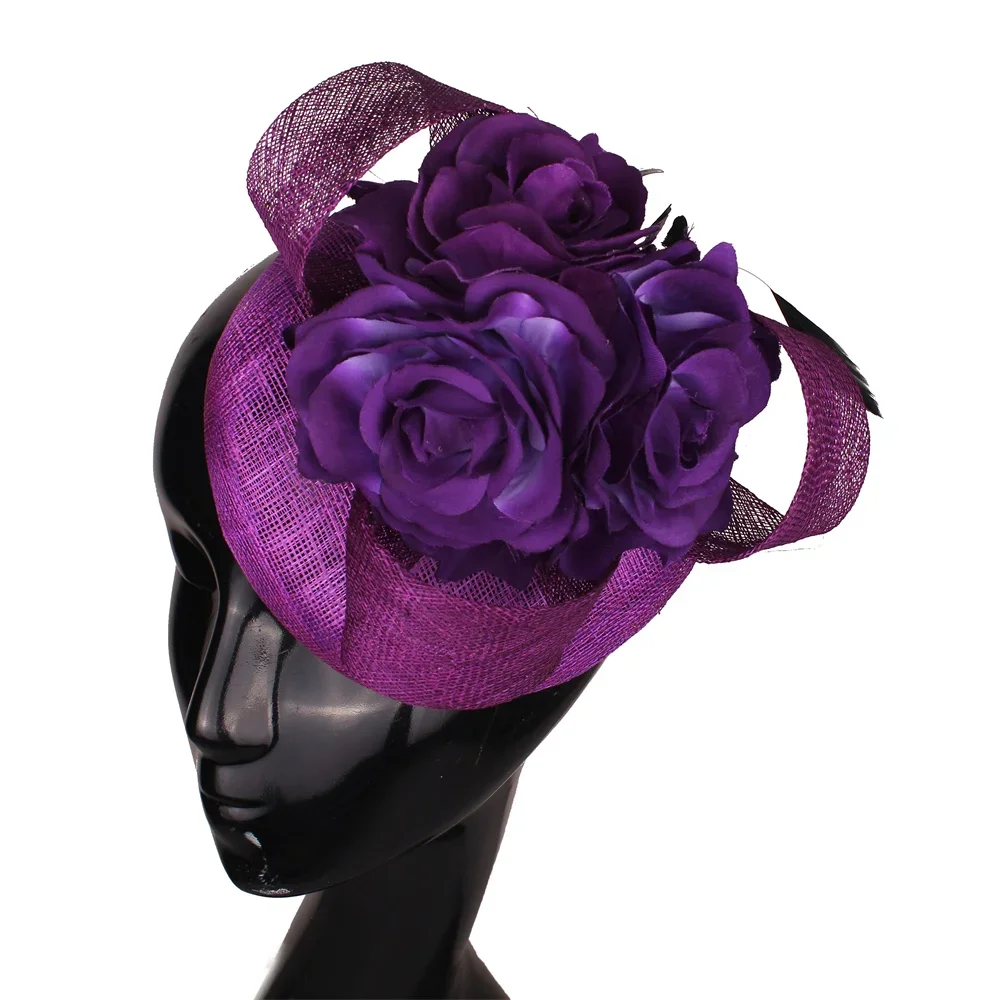 Chic Women\'s Pillbox Fascinator Hat Bridal Kentucky Hat Feather Derby Purple Sinamay Headband Tea Party Wedding Hat for Cocktail