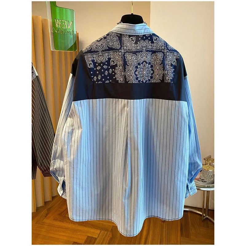 2024 New Design Sense Print Stitching Striped Long Sleeve Lapel Shirt Female Chinese Style Retro Comfortable Casual Print Shirt