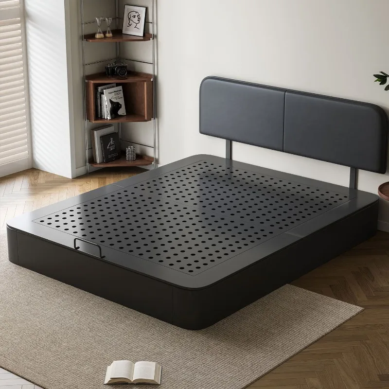 New Italian minimalist master bedroom leather bed, small apartment thin bedside high box bed carbon steel storage bed frame